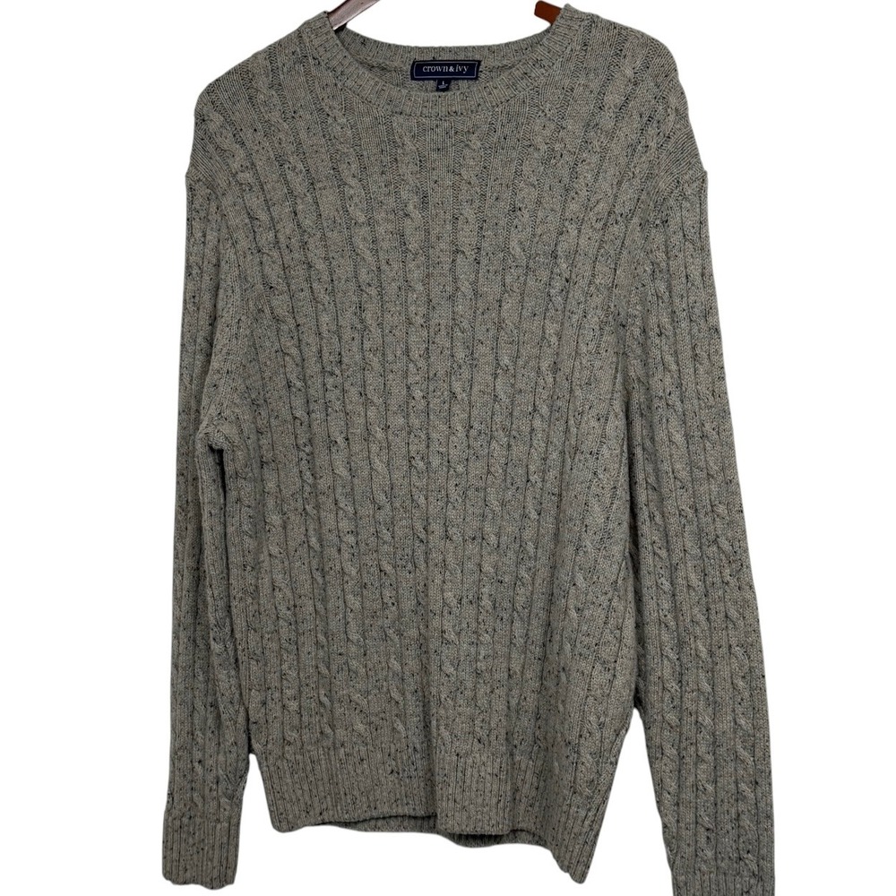 Crown & Ivy Mens Grey Cable Knit Crewneck Sweater Size L Grey Marl Pullover